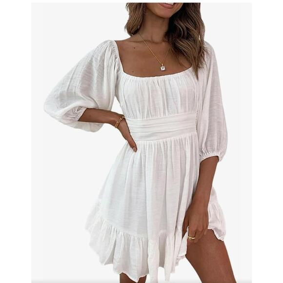 Saints + Secrets Puff Sleeve Open Back Bow White Ruffle Dress - Picture 9 of 9